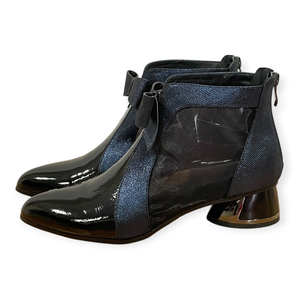 TinaCus Patent Leather Mesh Bow Ankle Boots Sz 8 Block Heel Victorian Whimsigoth